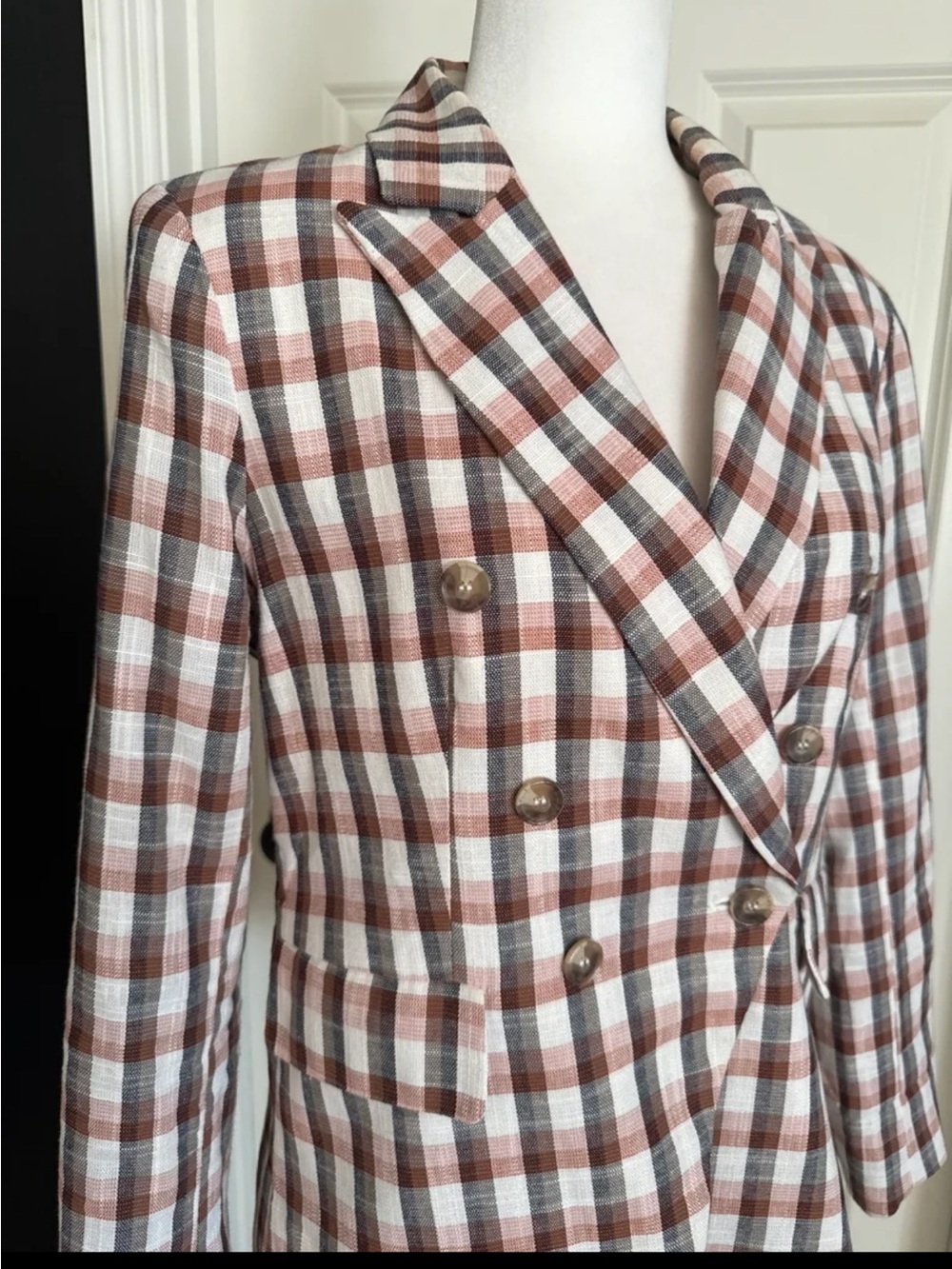Joie Blazer Spice Plaid Double Breasted Cotton Blend Jacket Size Medium - Picture 7 of 12